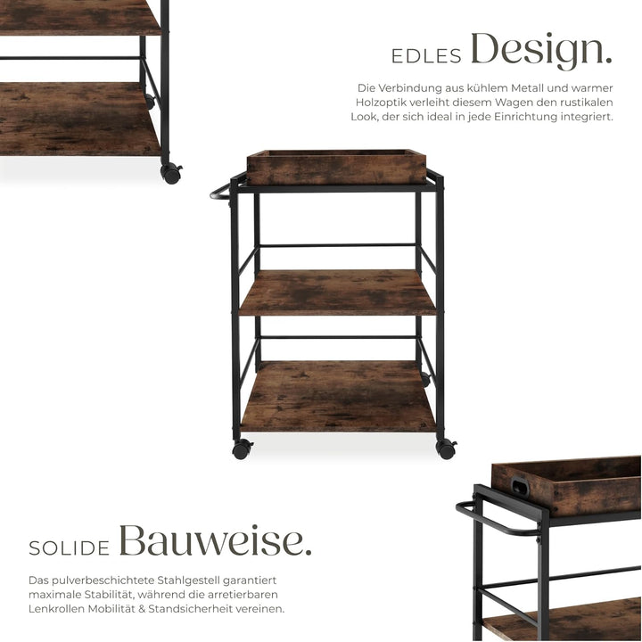 tectake® Servierwagen mit Rollen, abnehmbares Tablett, Kitchen Trolley 65 x 41,5 x 87 cm, Küchenwage