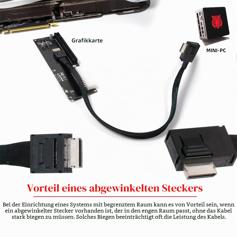 NFHK OcuLink PCIe 4.0 PCI-Express SFF-8611 4i auf SFF-8611 Datenkabel für eGPU SSD, links gewinkelt,