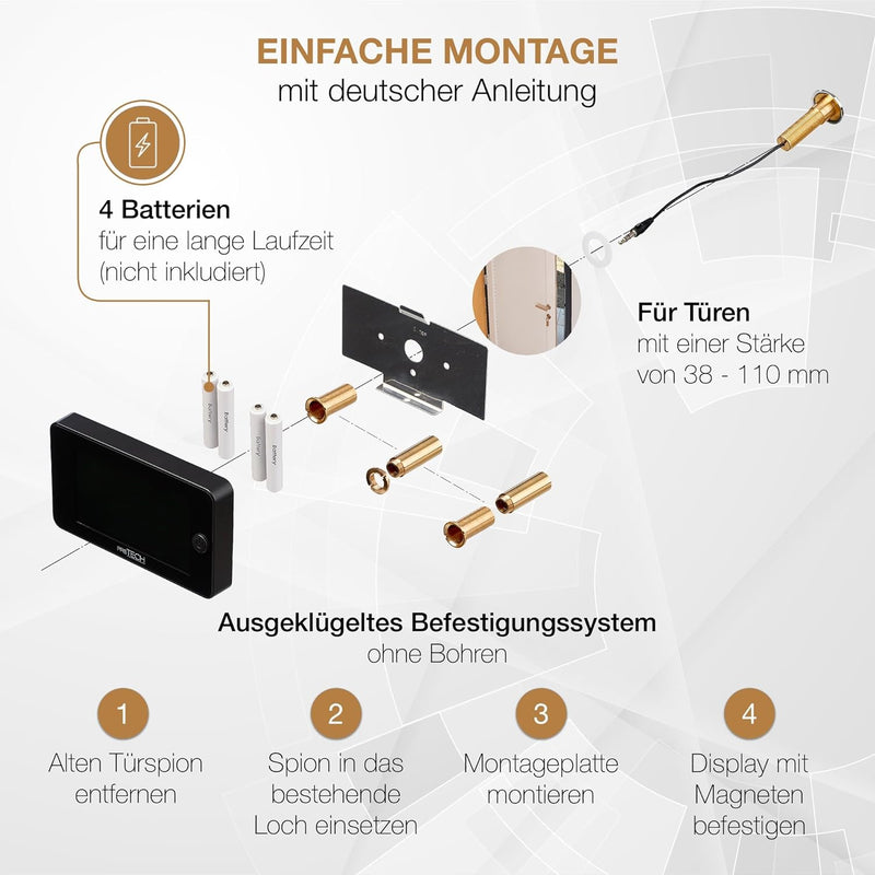 prsTECH® DoorCAM DC2 PLUS Wide Screen, Digitaler-Türspion 4,3 Zoll LCD Display für Türstärken von