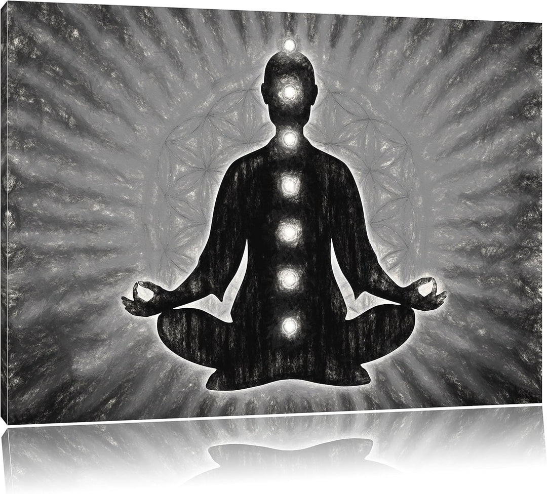 Pixxprint Meditation mit den 7 Chakren Kunst Kohle Effekt, Format: 100x70 auf Leinwand, 100x70