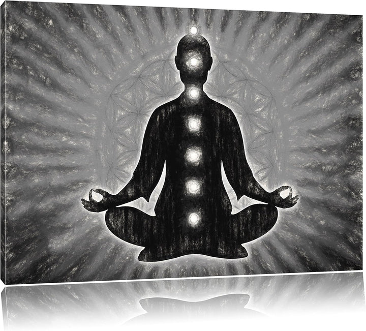 Pixxprint Meditation mit den 7 Chakren Kunst Kohle Effekt, Format: 100x70 auf Leinwand, 100x70
