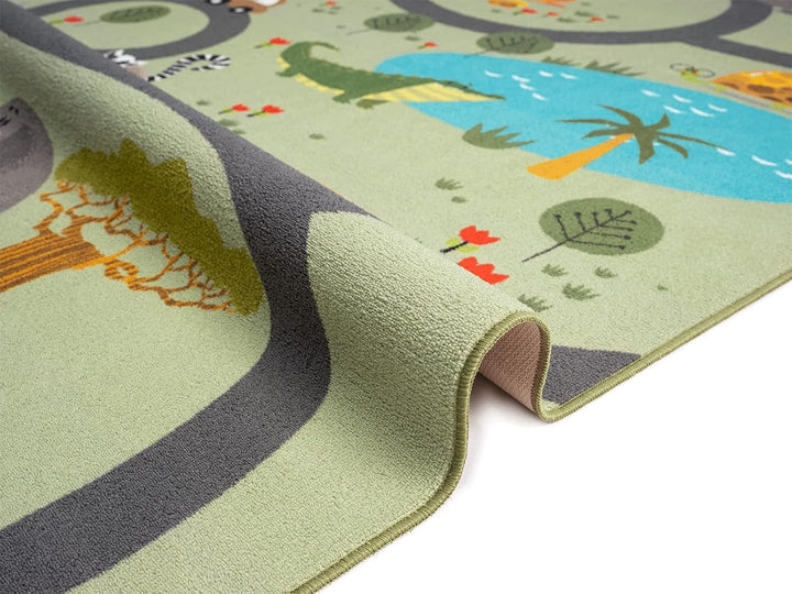 the carpet Happy Life – Kinderteppich Spielteppich mit Strassen‑Motiv, Dschungel, Tiere & Autos, rut