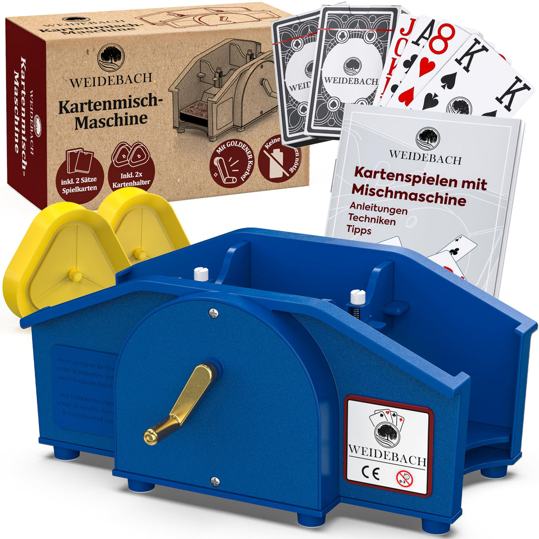 Weidebach® Blaue Kartenmischmaschine mit Goldener Kurbel für alle Standard Kartenspiele, Kartenmisch