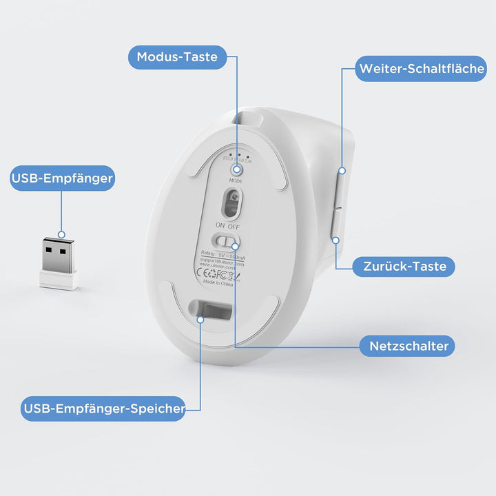 Uineer Kabellose vertikale Maus, Multi-Device Tri-Mode Maus, sichtbare Leistungsstufe (2.4G+BT4.0/BT