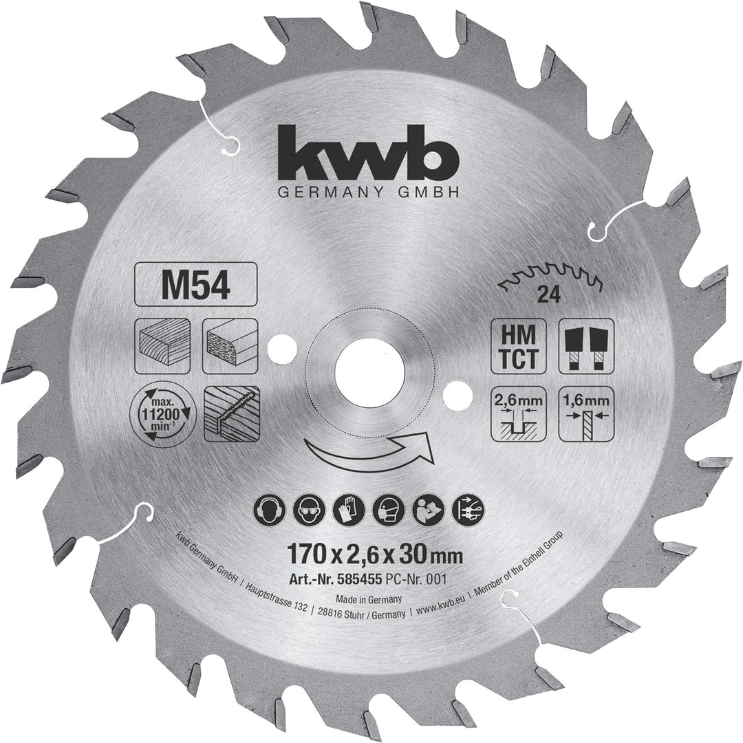 kwb Kreissägeblatt 170 x 30 mm, Made in Germany, schneller Schnitt, Sägeblatt geeignet für Weich- un