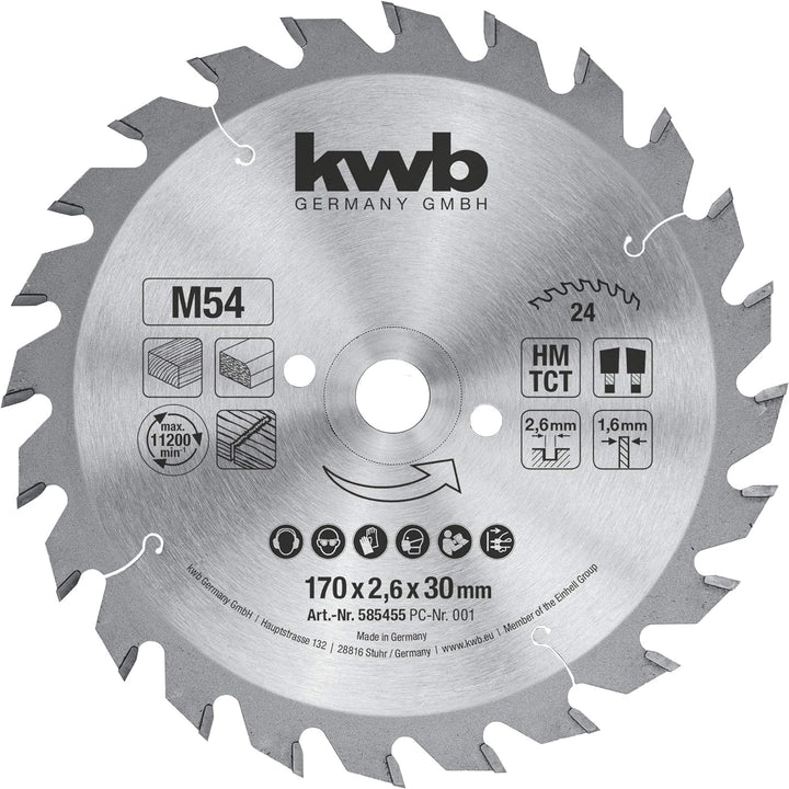 kwb Kreissägeblatt 170 x 30 mm, Made in Germany, schneller Schnitt, Sägeblatt geeignet für Weich- un
