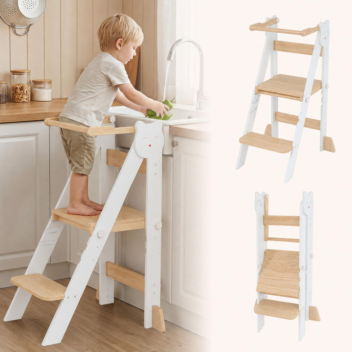 Lernturm Klappbar &amp; 3-Fach Höhenverstellbar - Kippsicherer Learning Tower aus Kiefernholz - Mitwachs