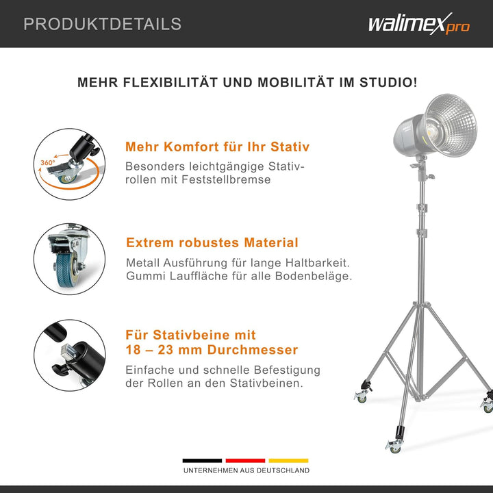 Walimex pro Stativrollen Pro 3er-Set – Stativrollen, Lenkrollen, Vollmetall, Rollen 50mm Ø, mit Gumm