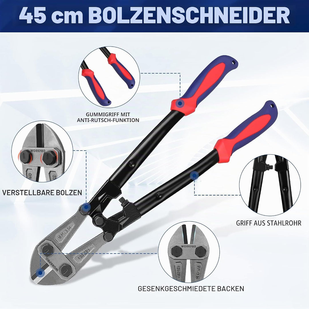 WORKPRO Bolzenschneider, Bi-Material-Griff mit weichem Gummigriff, 45,7 cm, Chrom-Molybdän-Stahlklin