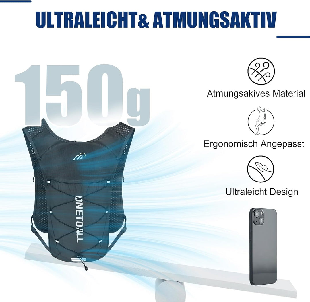 Laufweste Damen mit 500ml Trinkflasche/2L Trinkblase, Leichter Trinkrucksack Laufen Herren 6L, Runin