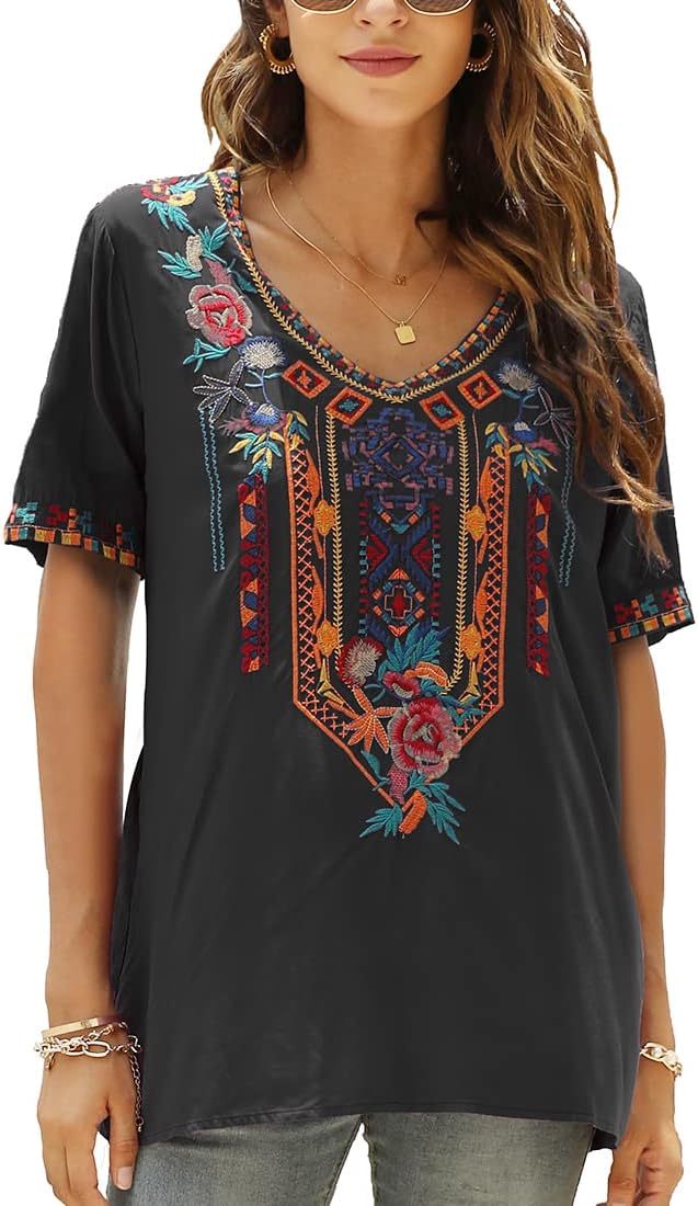 Tunika Damen Sommer Boho Bluse Folklore Stickerei Oberteil Trachten Hippie Kleidung Kurzarm V-Aussch