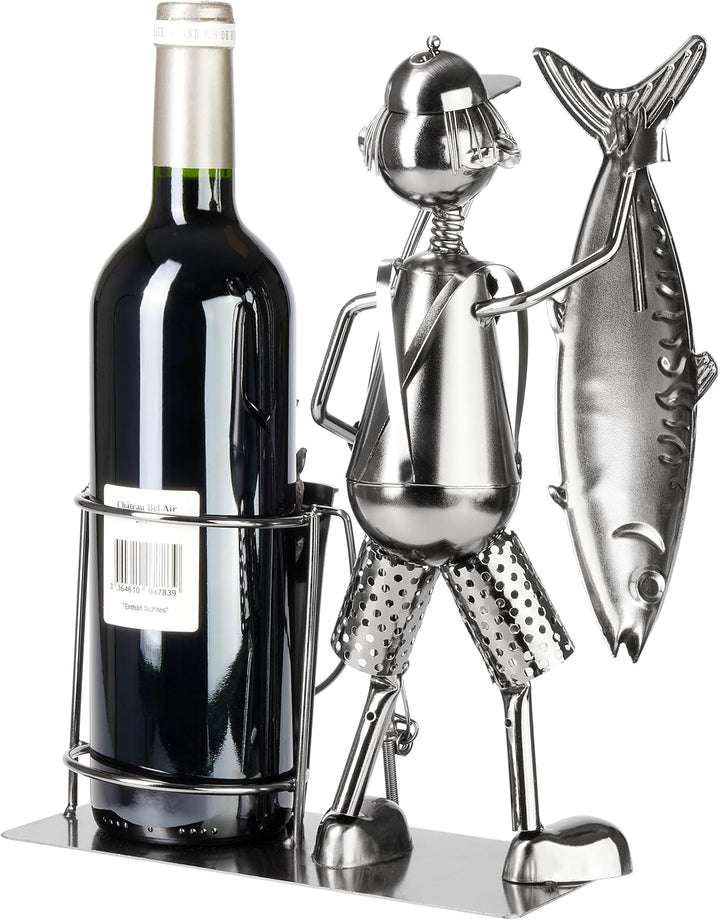 BRUBAKER Weinflaschenhalter „grosser Fang“ Angler mit Fisch, Angel und Eimer - Metall Flaschenhalter