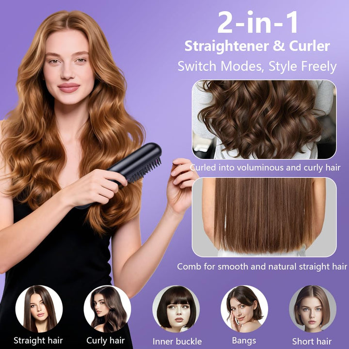 LOPHE Glättbürste, 2 in 1 Haarglätter Bürste mit LED Display, Hair Straightener Kabellos und Verbrüh