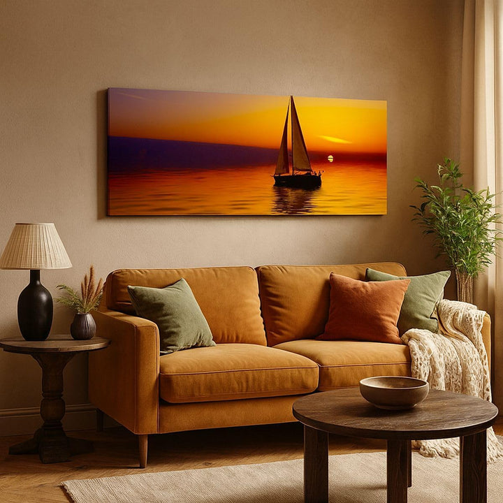 Wandbilder Dekoration Wohnzimmer Boot Sonnenuntergang Landschaft Panorama Bilder auf Leinwand 120x50