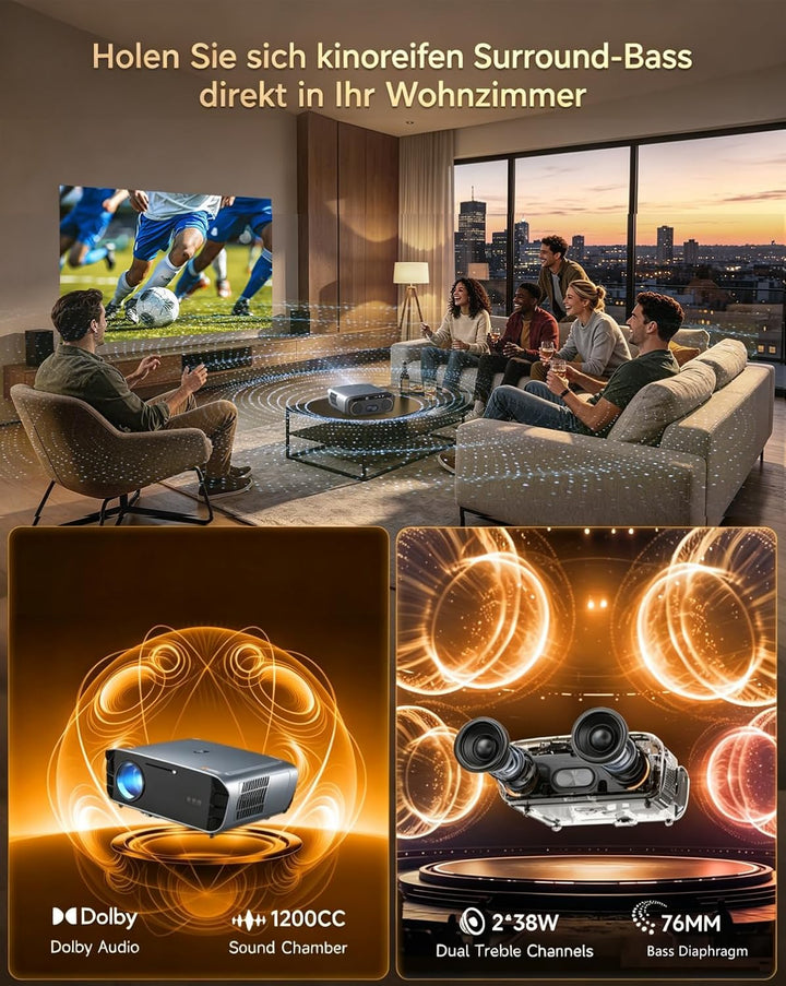 Smart 4K Beamer mit Zertifizierten Apps DB Audio,TOF Autofokus 2400 ANSI Projektor Tageslicht 4K HDR