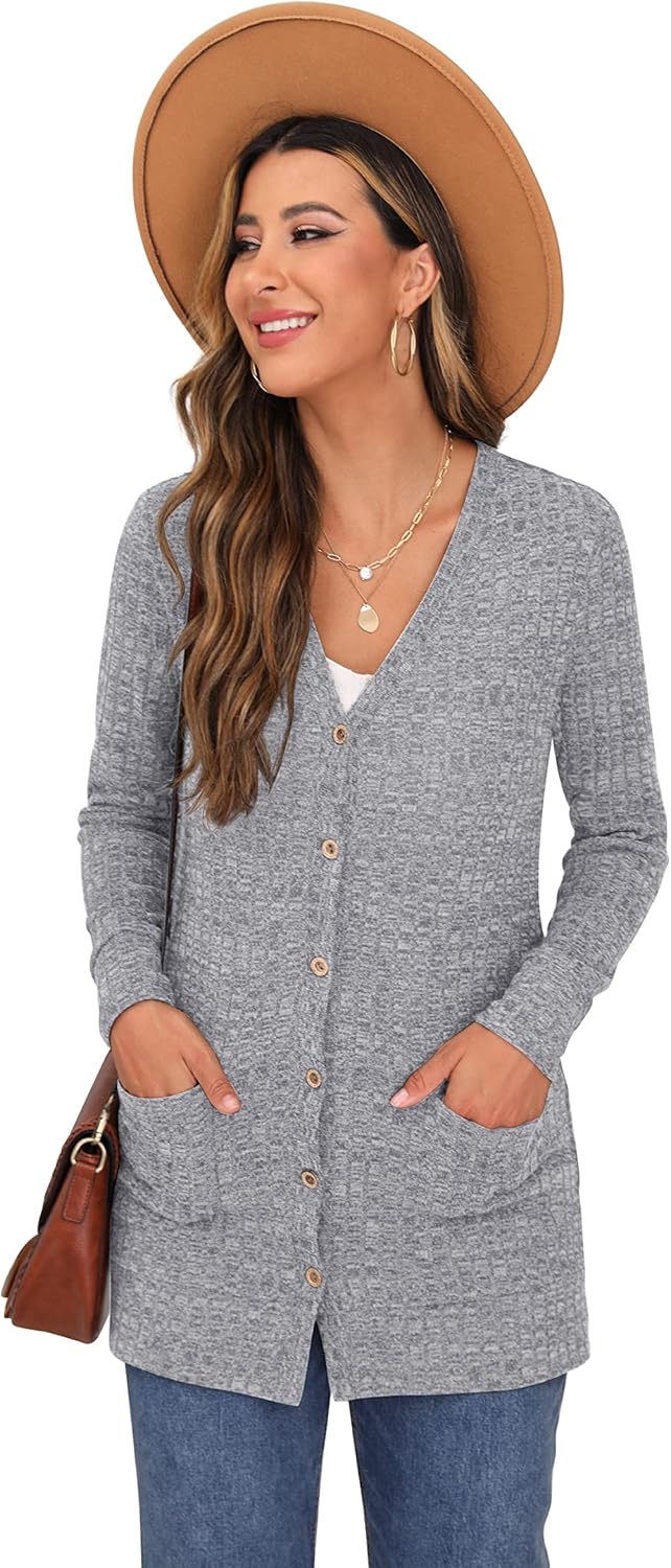 GRECERELLE Damen Leichte Strickjacke Lang mit Taschen und Knöpfen Long Elegant Cardigan V-Ausschnitt