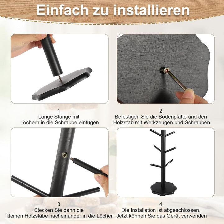 2 Stück Tassenhalter Stehend Holz Brezelständer Baum Tassenregal Schwarz Tassenständer Kaffeetassens
