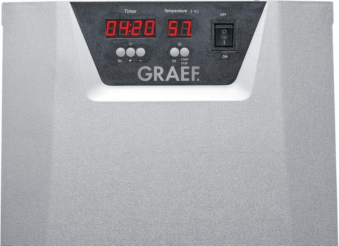 GRAEF DA510EU Dörrautomat in Silber mit Timeranzeige, Temperaturkontrolle, 30–70°C regelbar, übersic