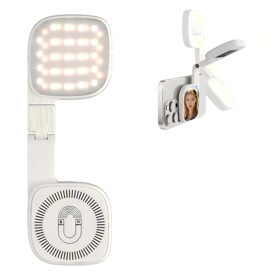 Magnetisches 3-in-1 Selfie-Licht mit Spiegel– 48 LEDs, 10 Helligkeitsstufen, 1000mAh Akku, Farbtempe