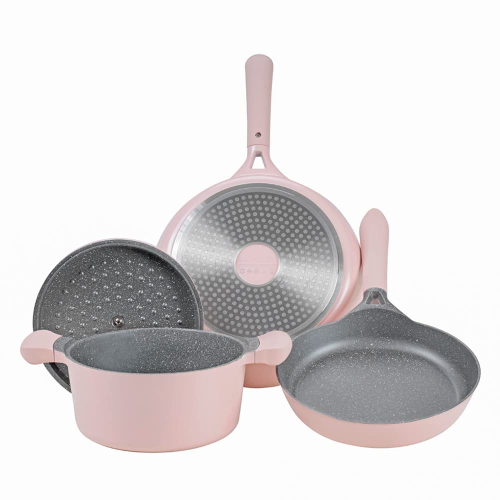 AKIS LE MACARON Pfannenset 4-Teilig, Bratpfanne 24/28cm Topf 20cm mit Deckel aus Aluminium Pastellro
