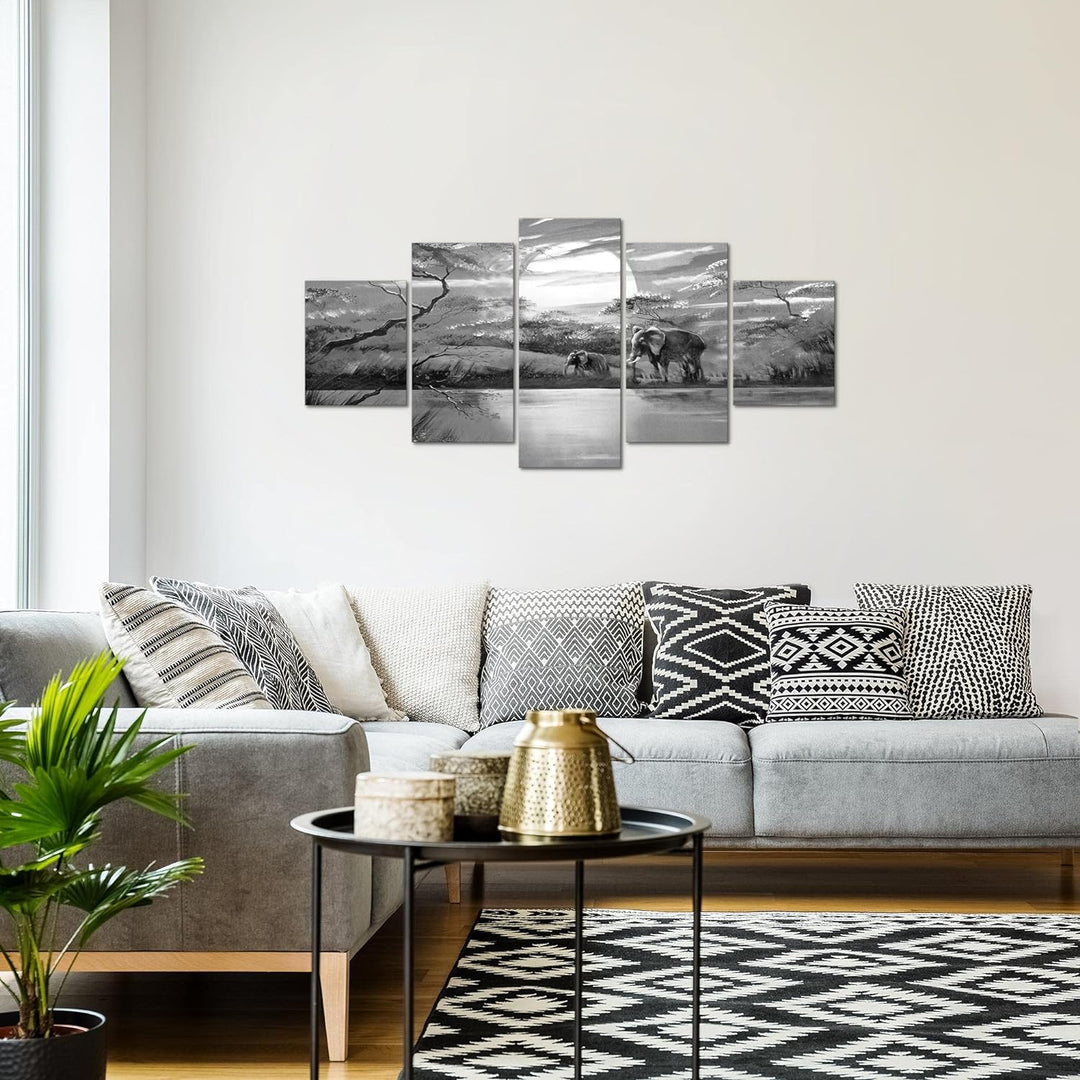 Runa Art Wandbilder Afrika Elefant 5 Teilig Bild auf Vlies Leinwand Deko Wohnzimmer Schlafzimmer Gra