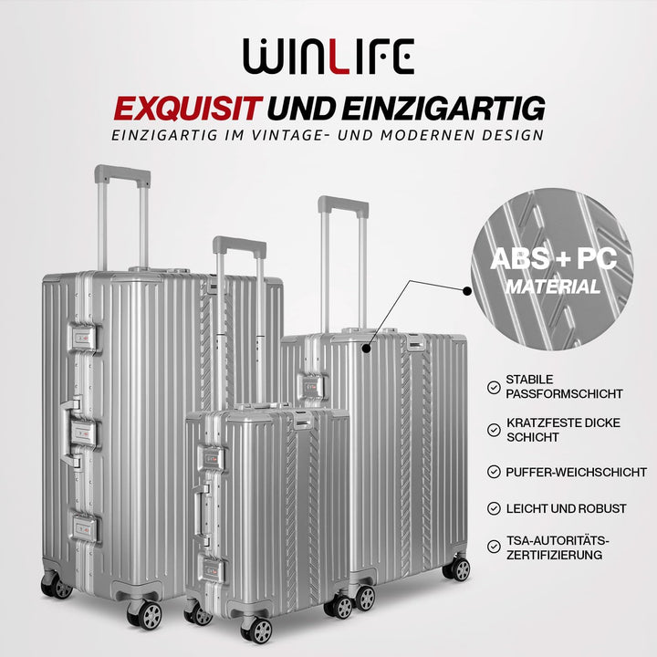 WINLIFE SPARSET M+XL Reisekoffer Alu-Rahmen mit ABS & TSA Nummern-Schloss Handgepäck M(53cm)+Checkin