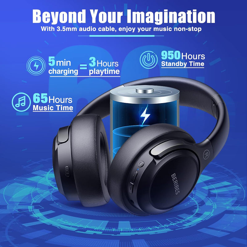 BERIBES Bluetooth Kopfhörer Over Ear, 65 Std Kopfhörer Kabellos Bluetooth mit 6 EQ-Modi, HiFi Stereo