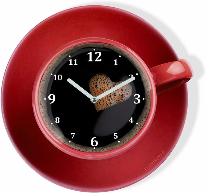 FLEXISTYLE Moderne Küchen Wanduhr Tasse Perfetta, rot, Acrylglas, UV-Druck, Made in EU, Rot