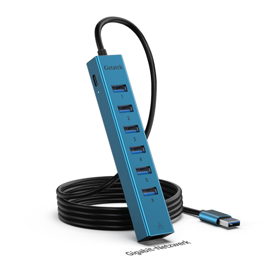 120cm USB auf Ethernet Adapter mit 6-Port USB 3.0 Hub, RJ45 Gigabit Netzwerkadapter, Typ-C 5V Input,
