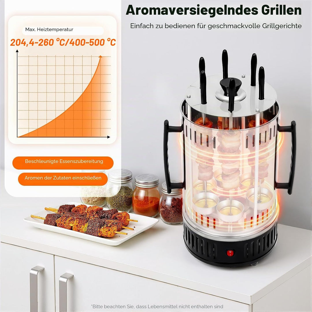 Elektrischer Grill, 1000W Vertikaler Elektrogrill Schaschlikgrill mit 6 Schaschlikspiesse, BBQ Verti