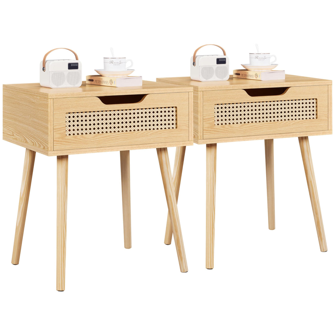 Yaheetech Nachttisch 2er Set mit Schublade Beistelltisch Rattan Nachtkommode Holzbeine Nachtschrank