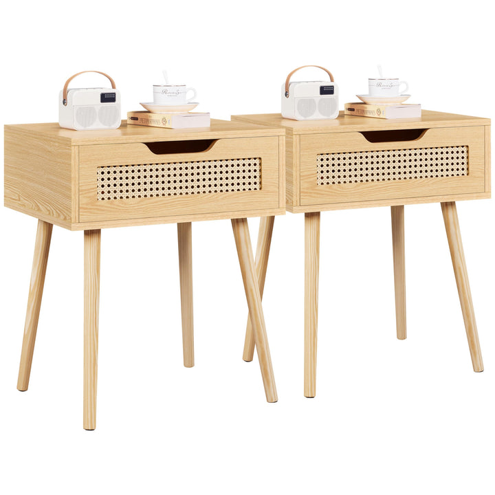 Yaheetech Nachttisch 2er Set mit Schublade Beistelltisch Rattan Nachtkommode Holzbeine Nachtschrank