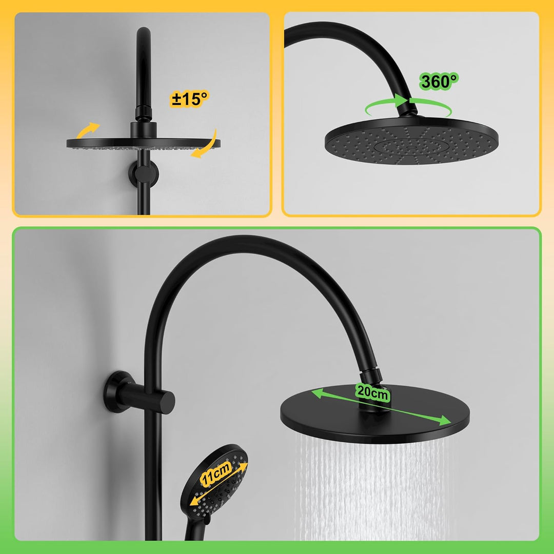 Regendusche Duschsystem ohne Armatur, Duschset mit Edelstahl Duschstange, Duschsäule mit ABS Kopfbra