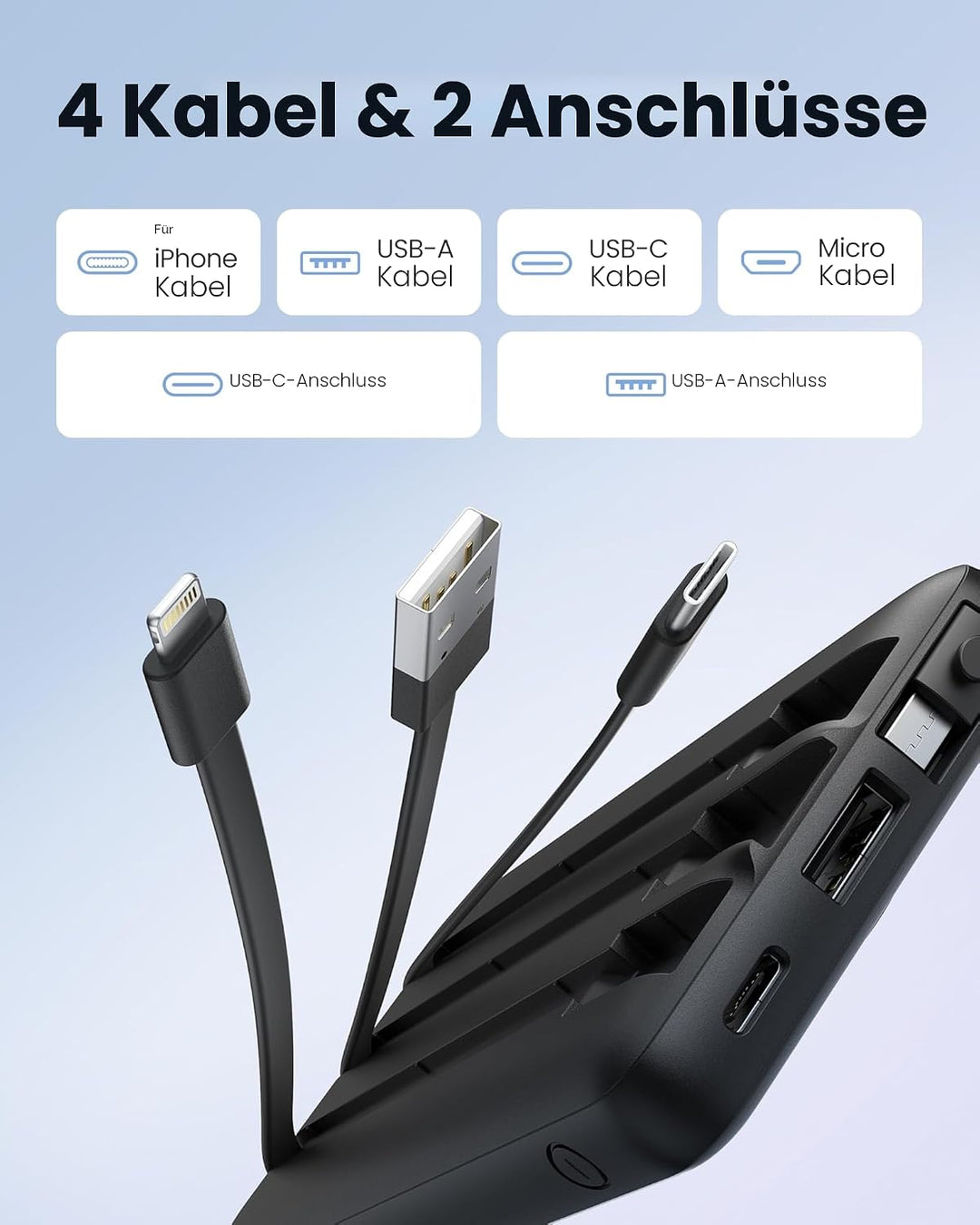 Power Bank mit Ladekabel, 10000mAh Tragbares Ladegerät USB C, 5 Ausgänge 2 Eingänge LED Display Exte