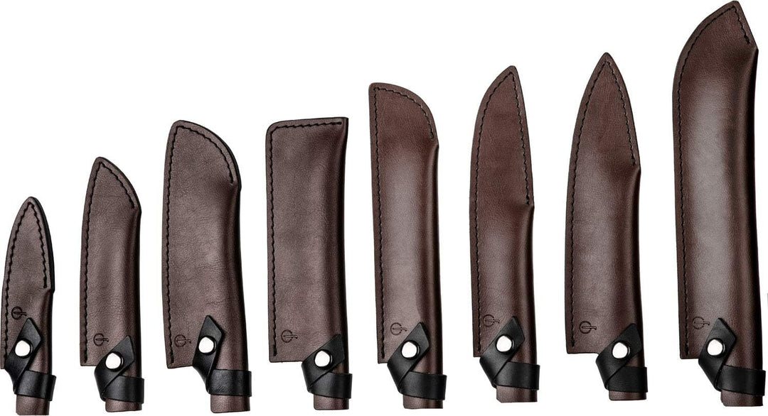 Forged Klingenschützer, Santoku Messer von 14cm, Aus braunem Leder, Mit Druckknopfverschluss