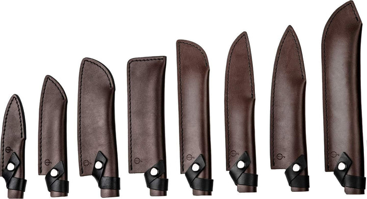 Forged Klingenschützer, Santoku Messer von 14cm, Aus braunem Leder, Mit Druckknopfverschluss