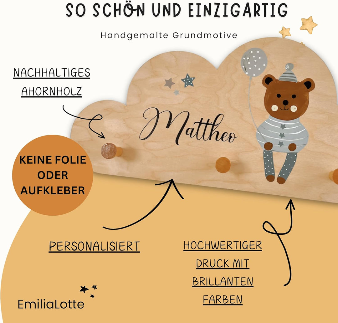 EmiliaLotte Kindergarderobe Personalisiert mit Wunschname I Garderobe Kinder aus Holz - Verschiedene