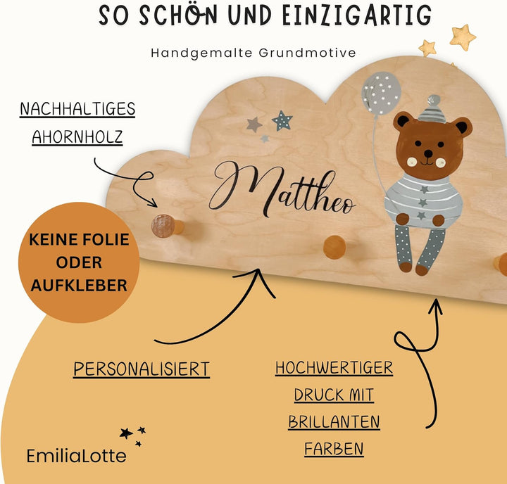 EmiliaLotte Kindergarderobe Personalisiert mit Wunschname I Garderobe Kinder aus Holz - Verschiedene