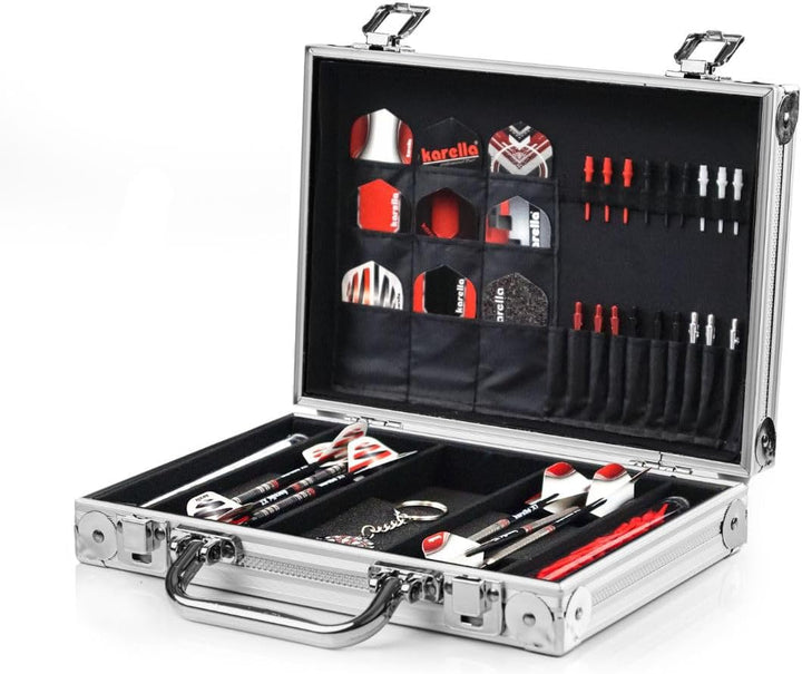 Karella Dartkoffer Alu PAK, grosses Profi Dartcase für 4 Satz Darts, Fächer für Zubehör, robust mit