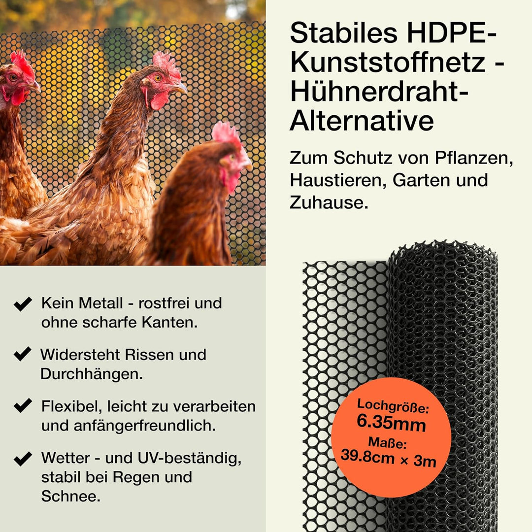 MaPorch Kunststoff-Maschendrahtzaun - Schwarz, 38 cm x 304 cm - Stabiles Drahtgeflecht & Feiner Masc
