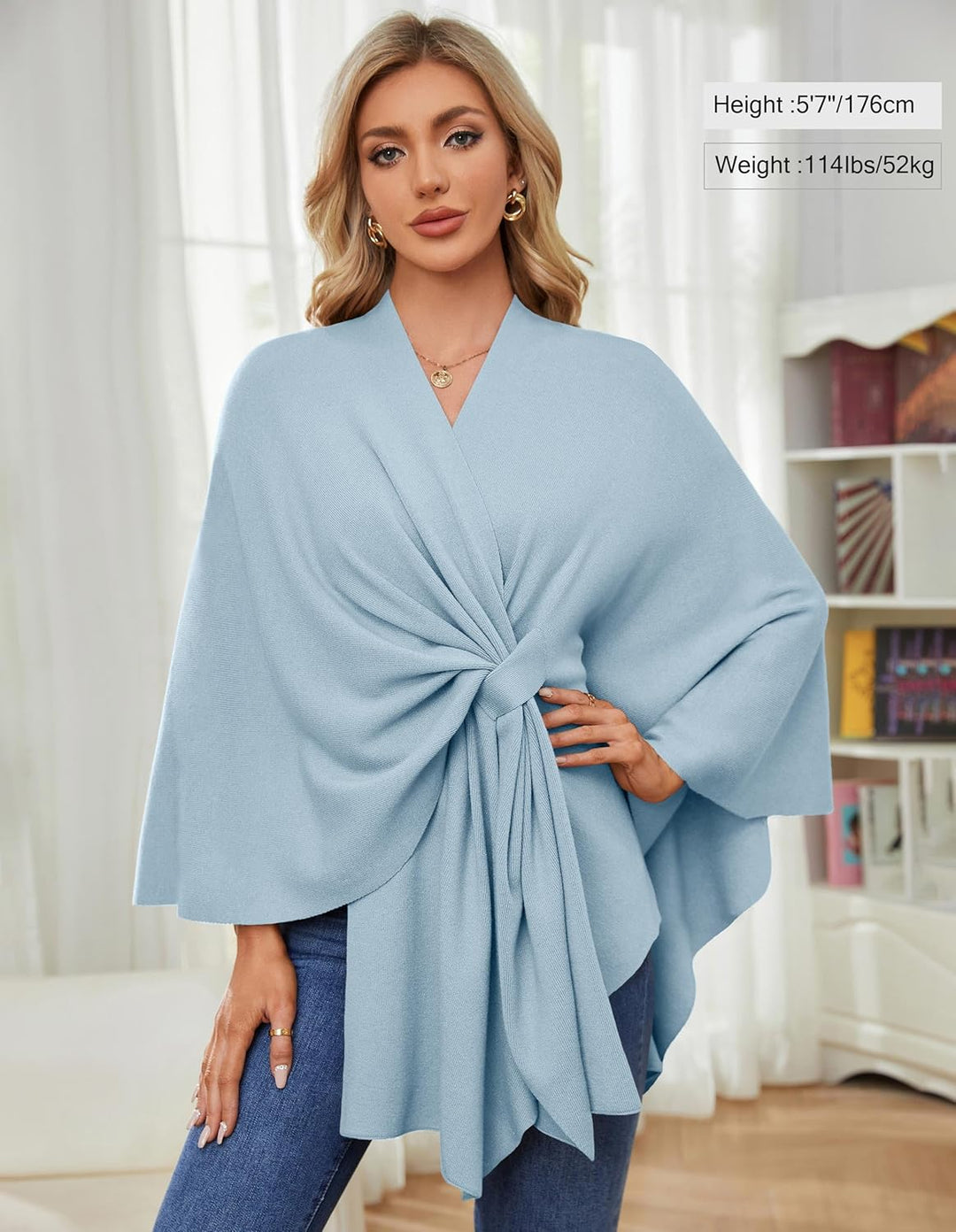 PULI Damen Elegant Poncho Strick Ponchos Capes Vorne öffnen Vielseitige Schalwickel mit Lasche Blau,