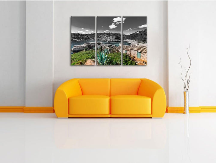 Pixxprint Ferienhaus an der spanischen Küste B&W Detail 3-Teiler Leinwandbild 120x80 Bild auf Leinwa