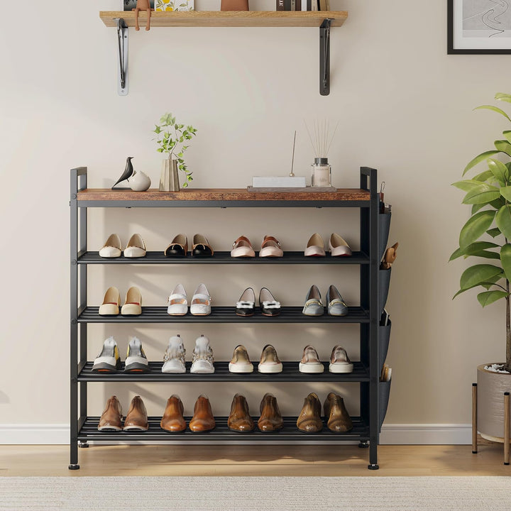 Schuhregal platzsparend 5 Ebenen für 16-20 Paar, Schuhschrank schmal mit Seitentaschen, Metall-Holz