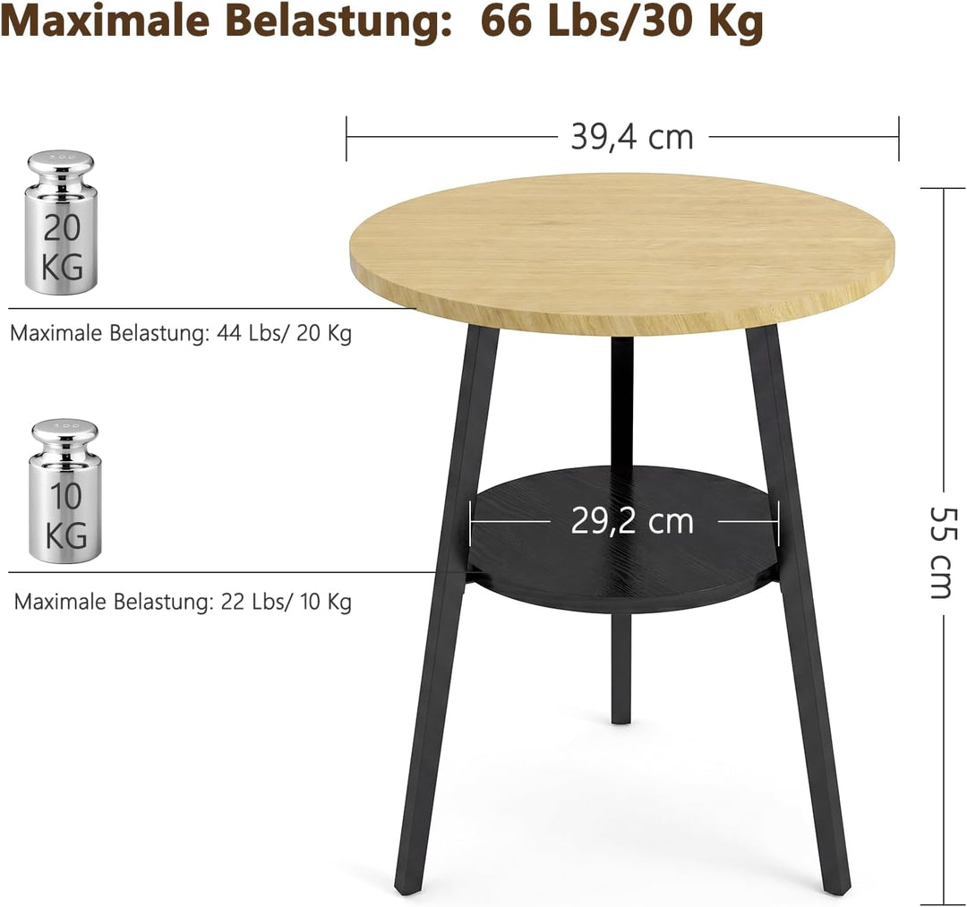 Beistelltisch Rund, Couchtisch Klein mit 2 Etagen, Runder Holz Beistelltisch im Vintage Stil, Eiche