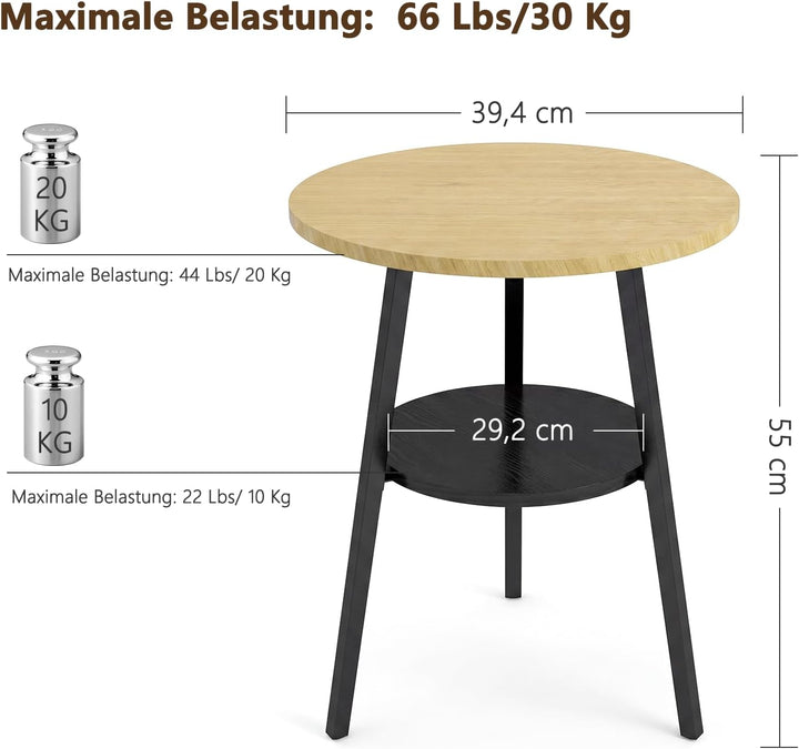 Beistelltisch Rund, Couchtisch Klein mit 2 Etagen, Runder Holz Beistelltisch im Vintage Stil, Eiche