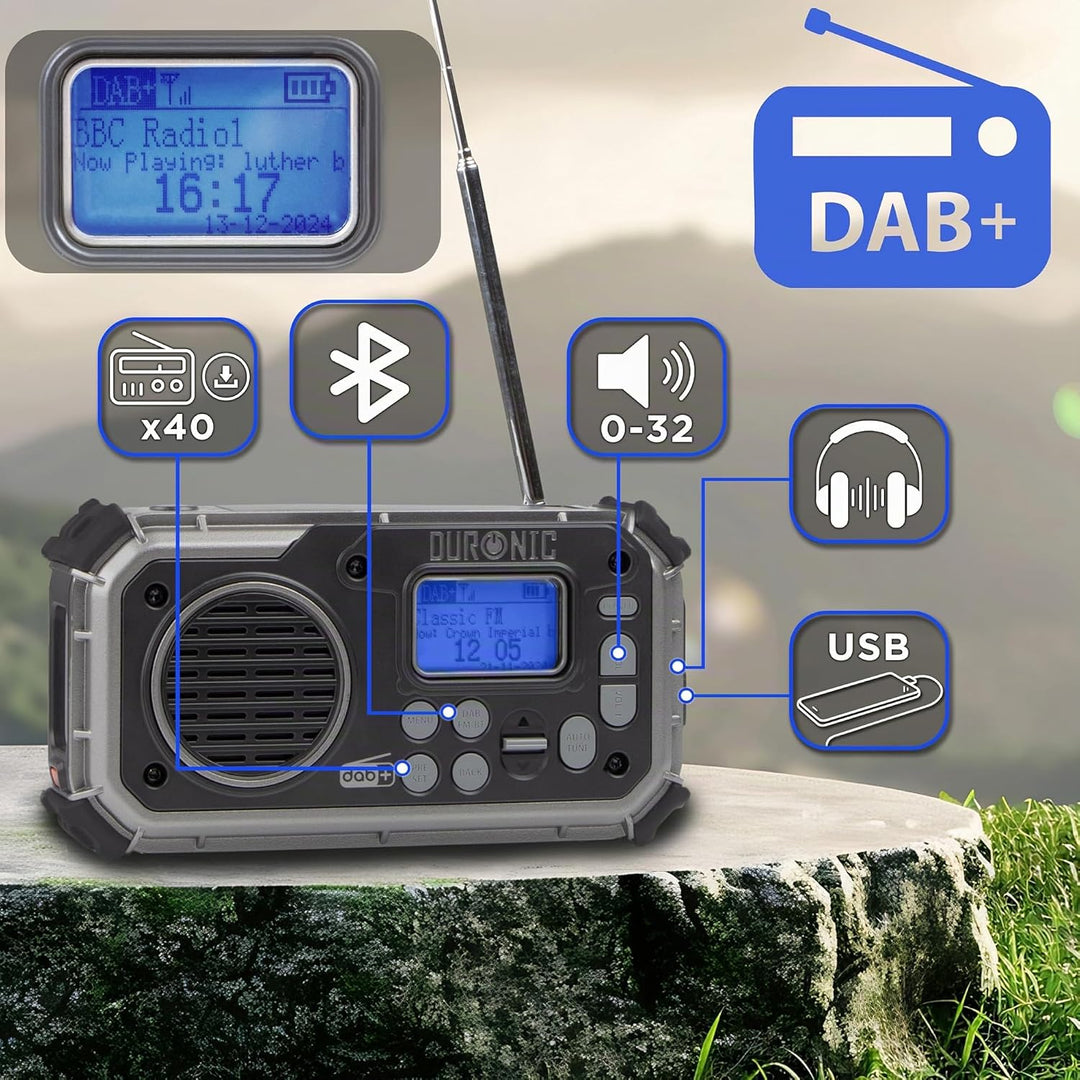 Duronic SDAB1 Kurbelradio, Tragbares Solar Notfall DAB FM Radio mit LED Licht und Kurbel, Batteriebe