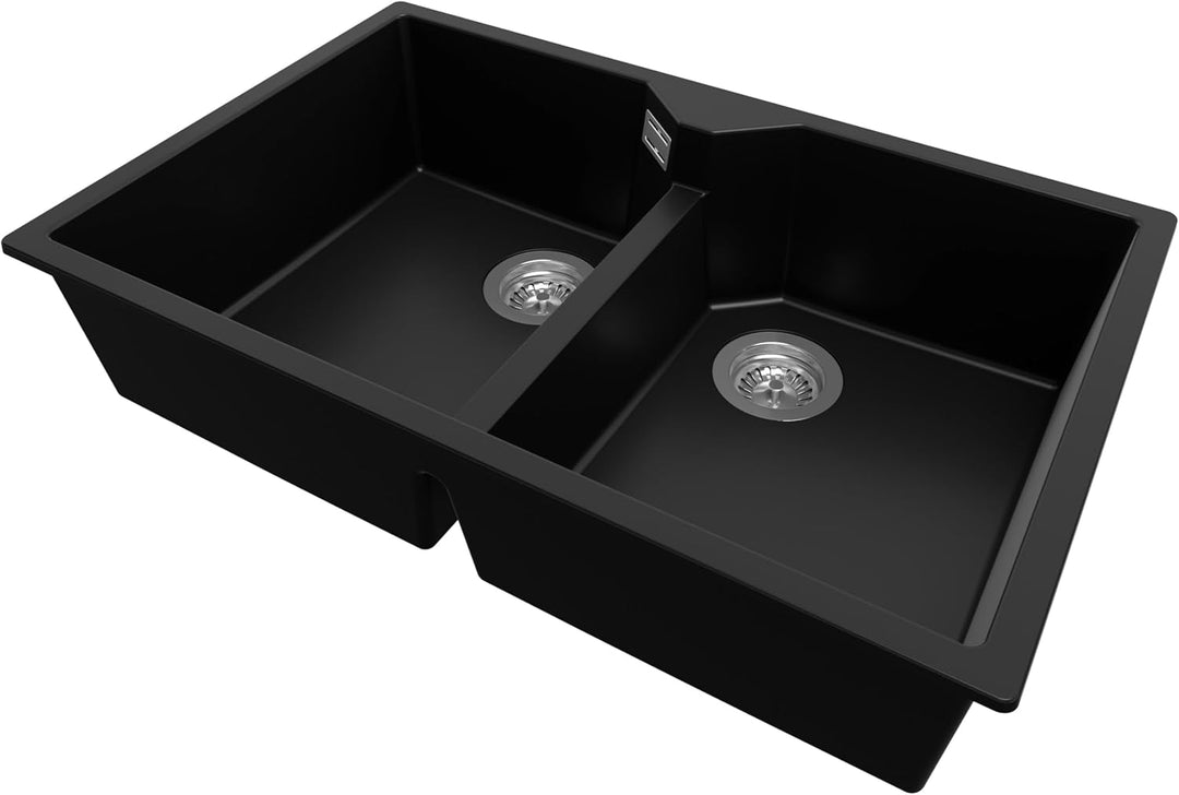 Spülbecken Schwarz 78x50cm, Granitspüle 2 Becken + Ablauf-Set, Küchenspüle ab 80er Unterschrank - Ma