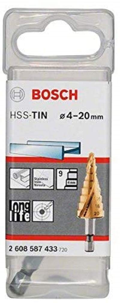 Bosch Professional Stufenbohrer HSS-TiN mit 1/4"-Sechskantschaft (Ø 4-20 mm, 9 Stufen, Zubehör für B