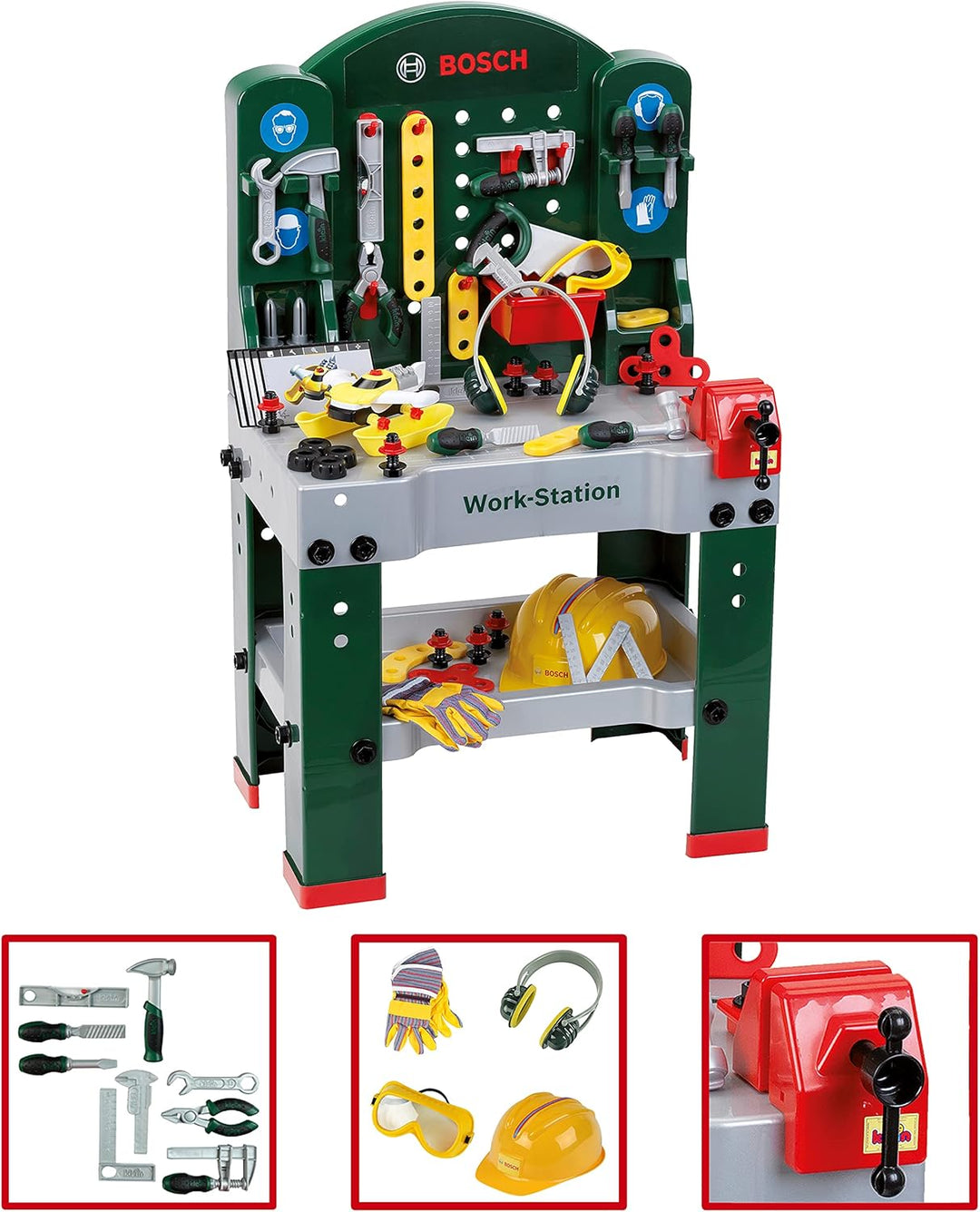 Theo Klein 8513 Bosch Workstation Werkbank mit Werkzeug, Montagefahrzeug und zahlreichem Zubehör Arb