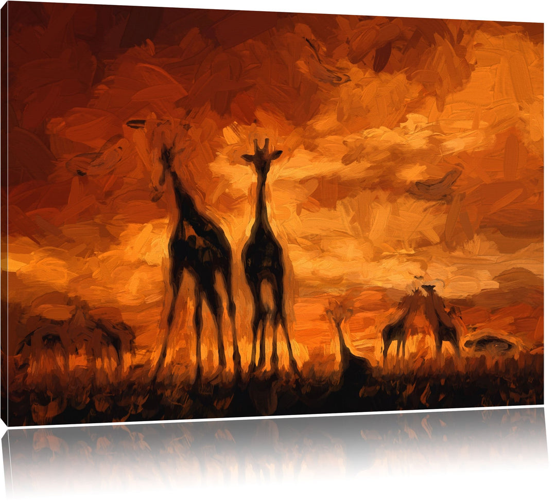Pixxprint Giraffen im Sonnenuntergang als Leinwandbild/Grösse: 100x70 cm/Wandbild/Kunstdruck/fertig